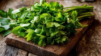 lovage. Freshly chopped lovage leaves on a rustic wooden cutting board, bright green color and texture. menu design, packaging mockups, designed for culinary blogs and recipe cards for restaurants.