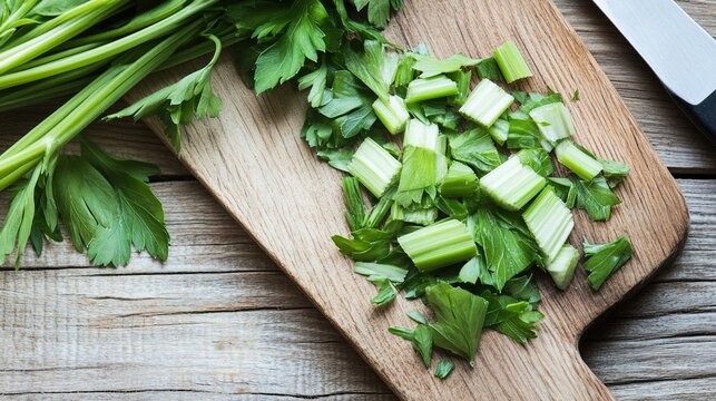 lovage. Freshly chopped lovage leaves on a rustic wooden cutting board, bright green color and texture. menu design, packaging mockups, designed for culinary blogs and recipe cards for restaurants.