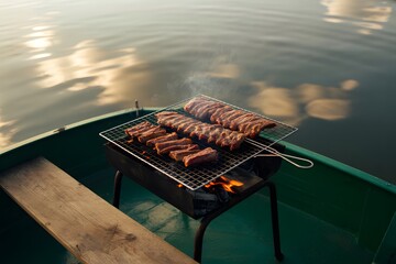 Pork ribs cooking on grill in green boat on water at sunset barbecue grilling
