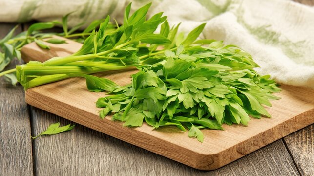 lovage. Freshly chopped lovage leaves on a rustic wooden cutting board, bright green color and texture. menu design, packaging mockups, designed for culinary blogs and recipe cards for restaurants.