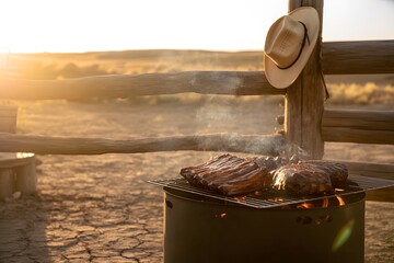 Ribs cooking on grill with cowboy hat on fence at sunset barbecue meat