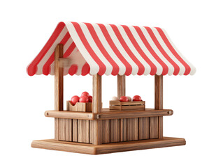 Red and white striped market stall with wooden structure selling produce