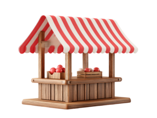 Red and white striped market stall with wooden structure selling produce