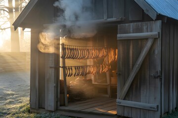 Rustic wooden smokehouse with rows of sausages hanging and smoke rising smoking meat
