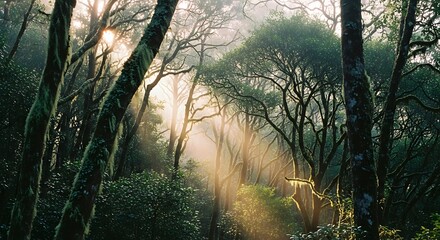 Sunbeams pierce through a misty, ancient forest canopy, illuminating the lush green foliage and gnarled tree trunks.