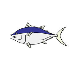 Obraz premium 青と白のコントラストでマグロをシンプルに描いたイラスト｜清潔感ある色使いとミニマルな線で料理や水産関連デザインに使いやすい素材