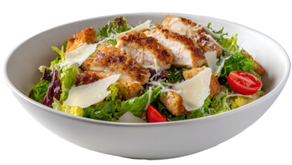 Sliced grilled chicken atop a fresh salad with lettuce, cheese, and tomatoes
