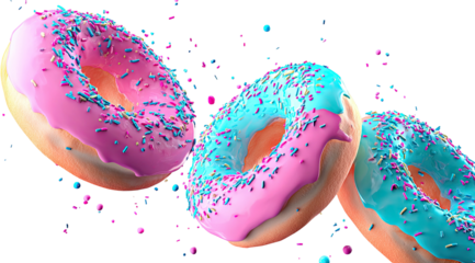 Sweet, colorful donuts with sprinkles against a dark background