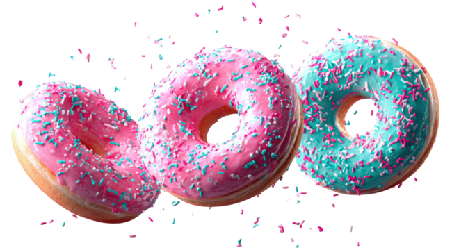 Three frosted donuts with colorful sprinkles float in air