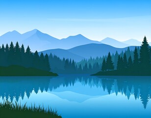 Serene mountain lake illustration featuring tranquil reflections and forest