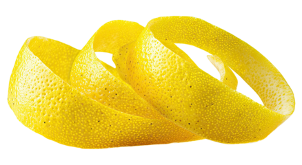 Bright yellow citrus zest curled elegantly against a black background