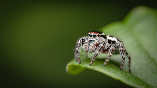 Vibrant macro close-up of a tiny jumping spider on green leaf