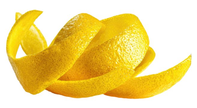 Yellow citrus peel spiraling on a transparent background
