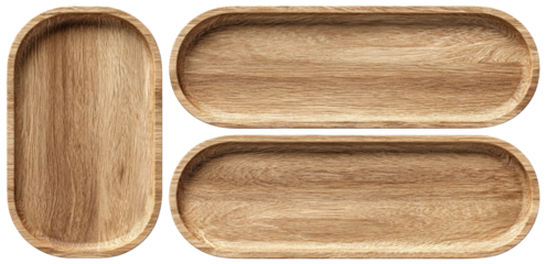 Three smooth wooden trays with rounded edges arranged for display