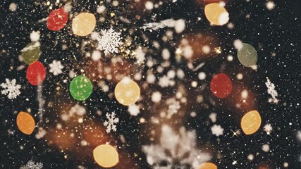 Festive snowfall with vibrant bokeh lights creates a magical holiday atmosphere - Powered by Adobe