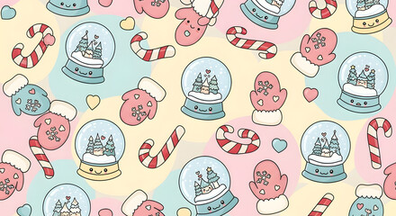 Cute Kawaii Christmas Snow Globes and Mittens Pattern.