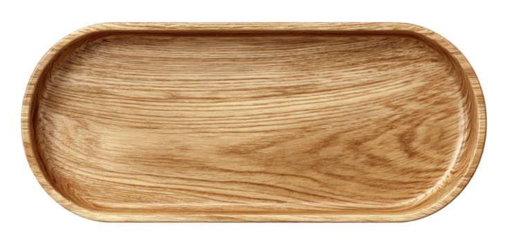 An oblong wooden dish with natural grain, suitable for serving