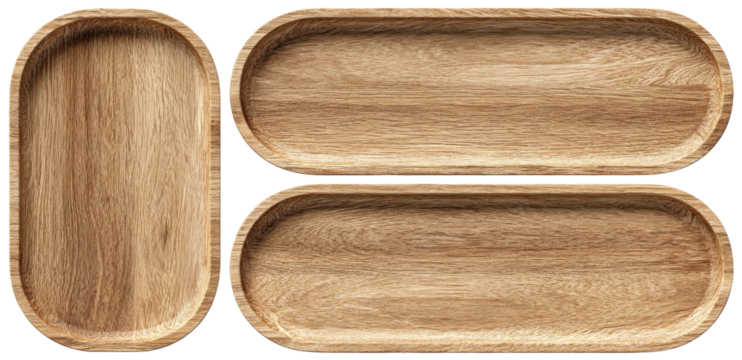 Three smooth wooden trays with rounded edges arranged for display