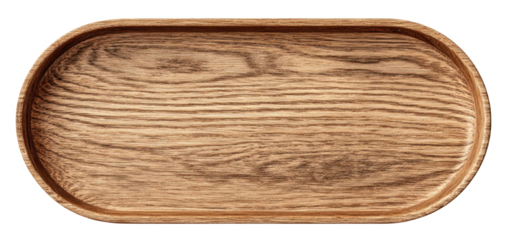 A textured, oval wooden tray with raised edges and wood grain