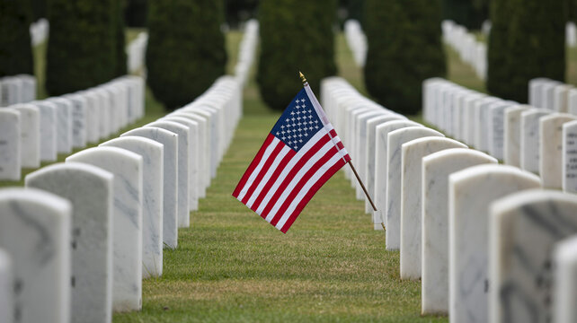 American flag in solemn rows of gravestones at national cemetery