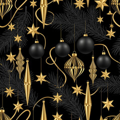 Fototapeta premium Elegant Black and Gold Christmas Ornaments Seamless Pattern.