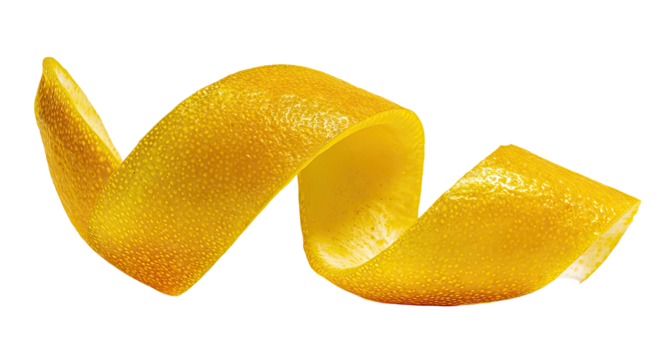 Twisted bright yellow citrus peel against a dark background