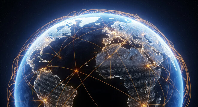 A network of global connections are illustrated by warm glowing lines and light points. Showing communication and business in a digital world.