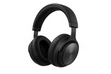 Black over-ear headphones with brushed metal details, offering a personal audio sound experience on a transparent background