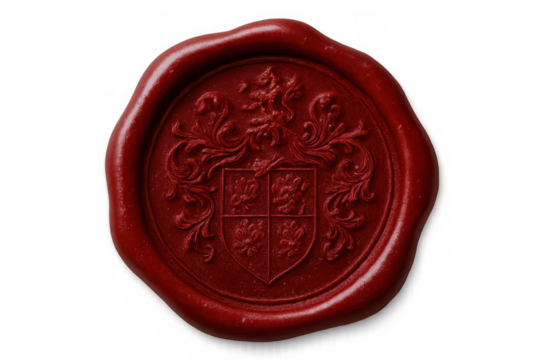 Red wax seal with a detailed, classic crest and shield, representing privacy, elegance, authentication, or historical communication
