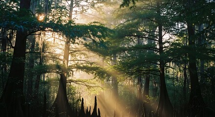 Sunlight filtering through a dense, lush swamp forest.