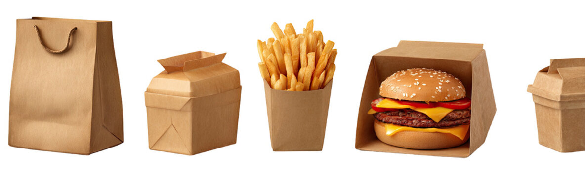 Fast food items in paper packaging on a black background