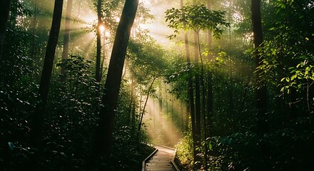 Sunlight filtering through a lush green forest creating a magical and serene atmosphere.