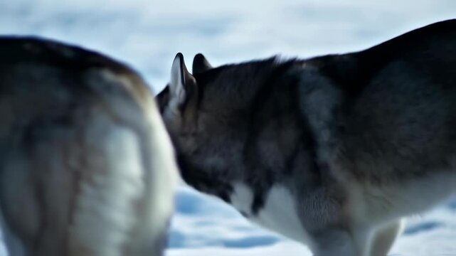 Playful huskies enjoying the snow in a winter wonderland setting
