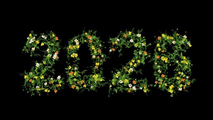2026 with green leaves and colorful flowers effect on plain black background