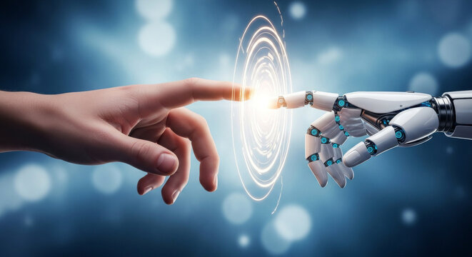 Image of a human and a robot hand reaching towards each other in a digital interface against an abstract blue background, symbolizing technology and artificial intelligence.