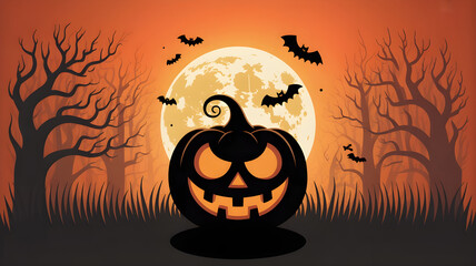 Halloween-themed background with carved pumpkin silhouette, spooky tree shadows, full moon glow, orange and black tones, atmospheric mist, playful eerie vibe
