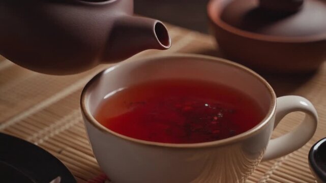 Shot of Wedang Uwuh being poured from a teapot into a cup, rich red color glowing under soft lighting