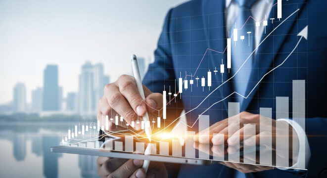 Man in Blue Suit Analyzing Financial Growth Charts on Tablet with Cityscape Background and Warm Lighting