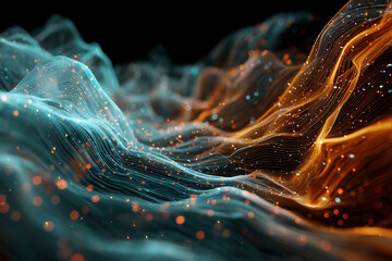Vibrant teal and orange particle wave in modern technology style