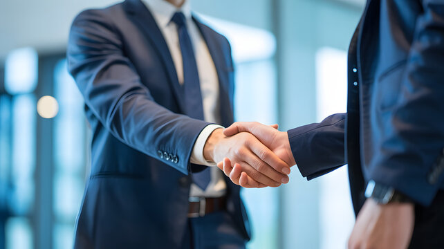 Professional businessmen sealing a deal with a firm handshake in a modern office setting