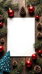 Flat Lay of Christmas Decorations with Paper and Pine Cones