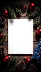 Blank Sheet Surrounded by Christmas Decorations and Pine Cones