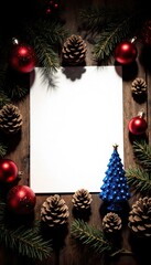 Blank Christmas Greeting Card Surrounded by Festive Decorations