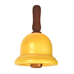A 3D stylized golden yellow hand bell with a brown handle.