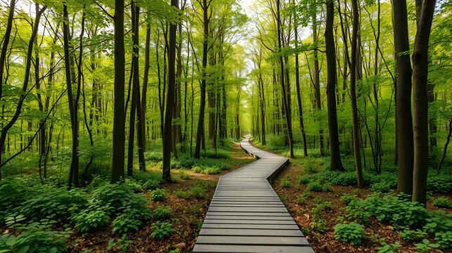 Straight duckboards path in forest among summer green trees, created with