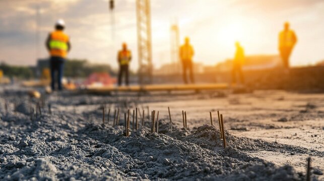 disavowal. Construction site with abstract industrial elements, metal and concrete textures, and dramatic side lighting. real-estate listings.