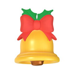 A 3D stylized golden Christmas bell decorated with a red bow and green holly leaves.
