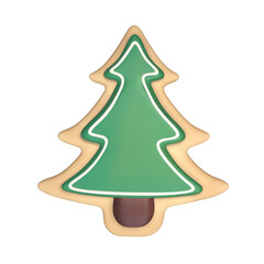 A 3D stylized Christmas tree cookie with green icing and a brown trunk.