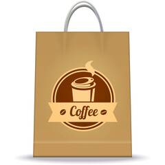 Brown Paper Shopping Bag With Coffee Logo Emblem And Handle Ideal For Retail Packaging And Branding Designs