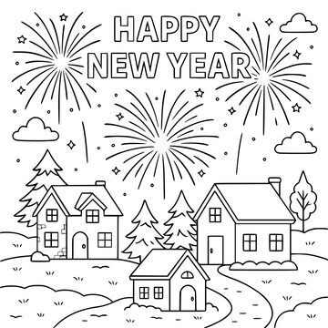 New Year scene coloring pages for kids in K&ndash;3! Fun celebration and winter-themed worksheets perfect for classroom use, home learning, and creative holiday activities. Easy and kid-friendly designs.